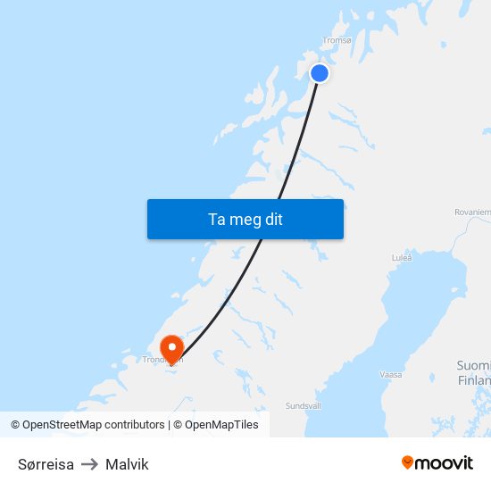 Sørreisa to Malvik map