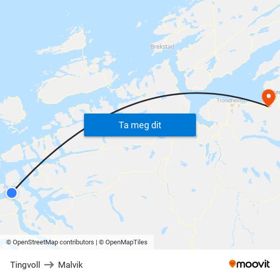 Tingvoll to Malvik map