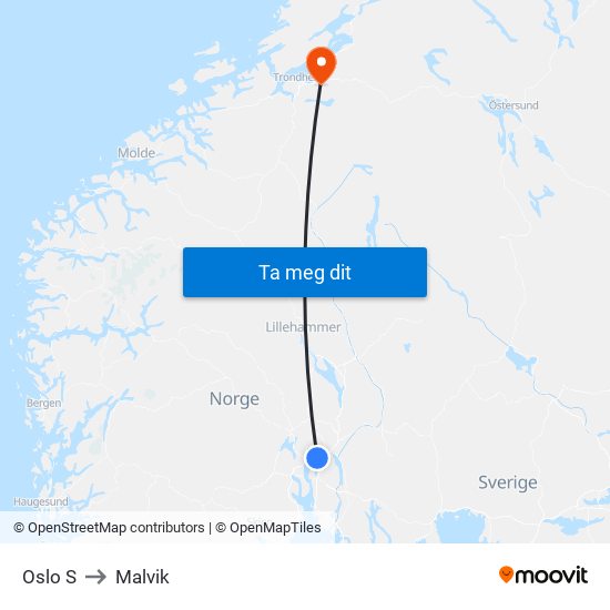 Oslo S to Malvik map