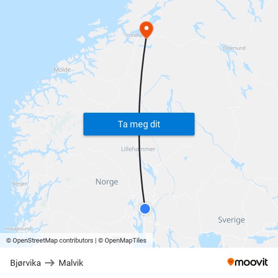 Bjørvika to Malvik map