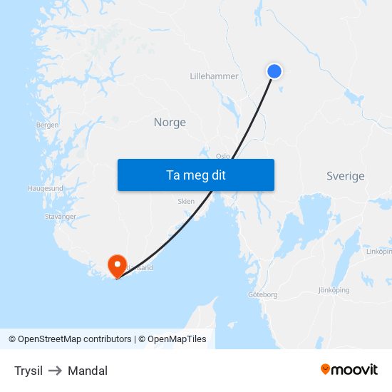 Trysil to Mandal map