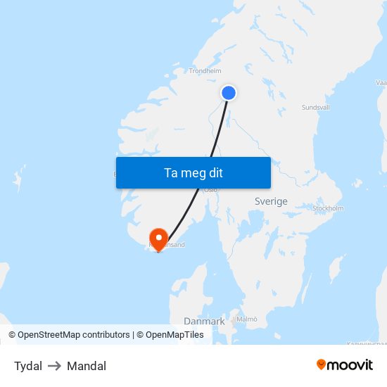 Tydal to Mandal map