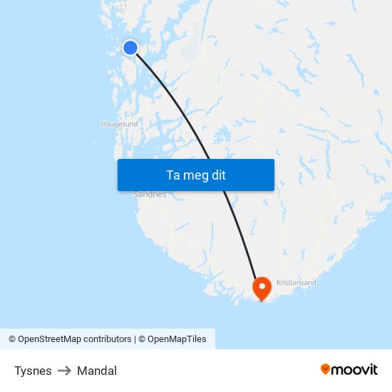 Tysnes to Mandal map