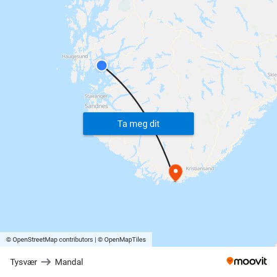 Tysvær to Mandal map