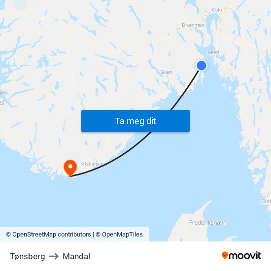 Tønsberg to Mandal map