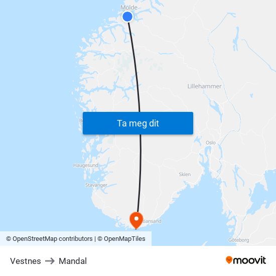 Vestnes to Mandal map