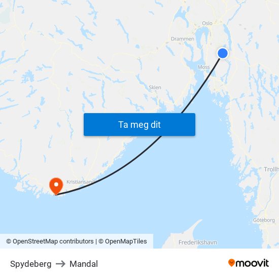 Spydeberg to Mandal map