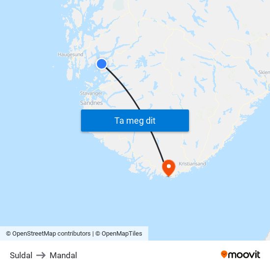 Suldal to Mandal map