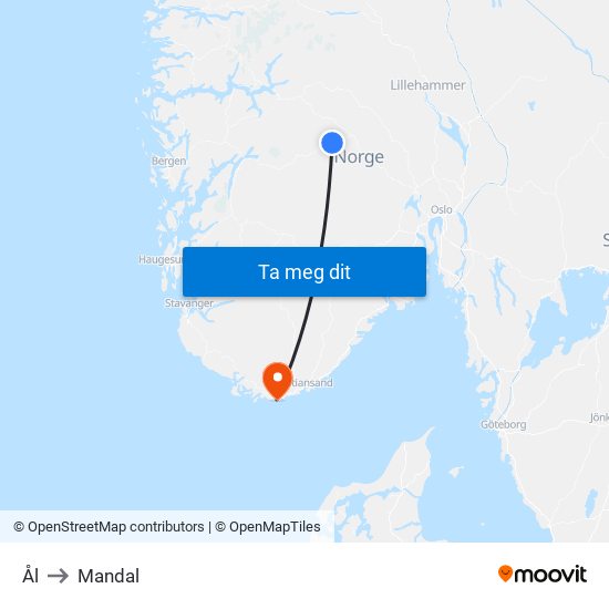 Ål to Mandal map