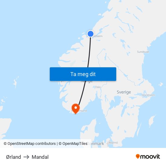 Ørland to Mandal map