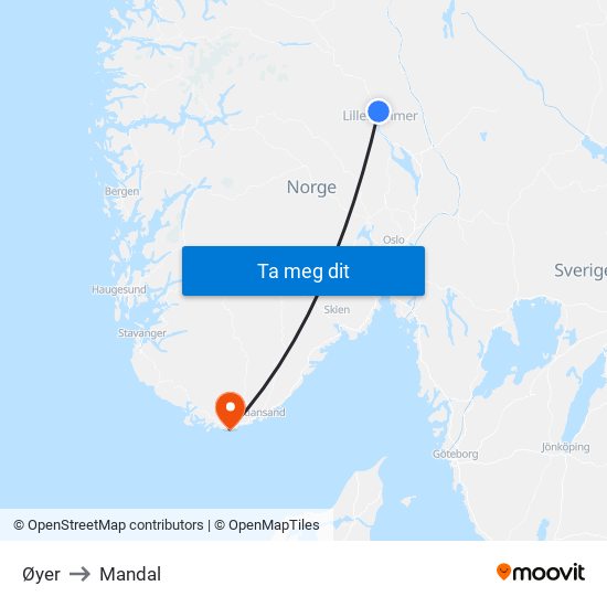 Øyer to Mandal map