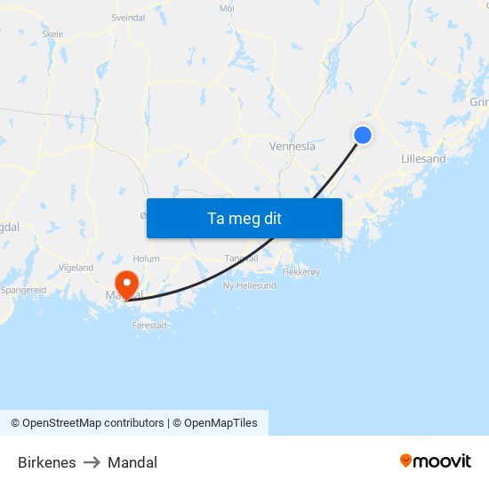 Birkenes to Mandal map