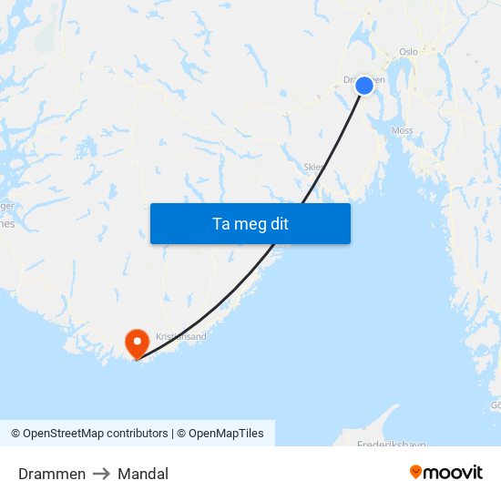 Drammen to Mandal map