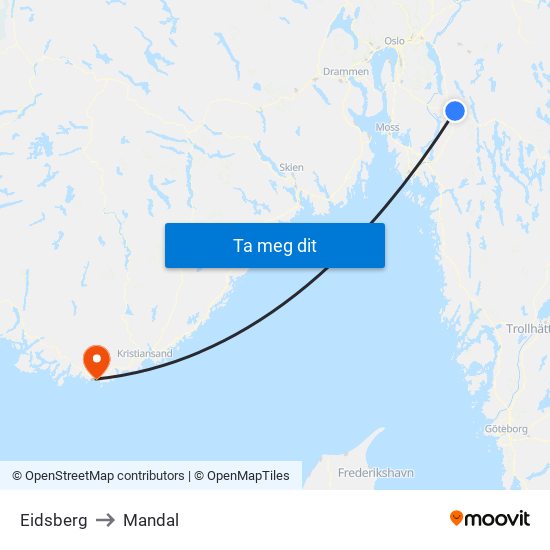 Eidsberg to Mandal map