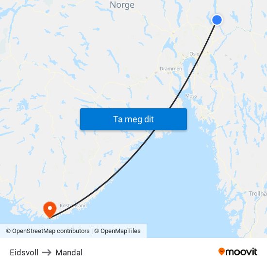 Eidsvoll to Mandal map
