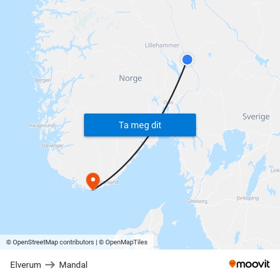 Elverum to Mandal map