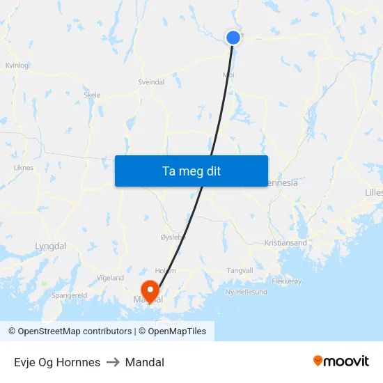 Evje Og Hornnes to Mandal map