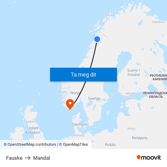 Fauske to Mandal map