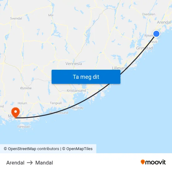 Arendal to Mandal map