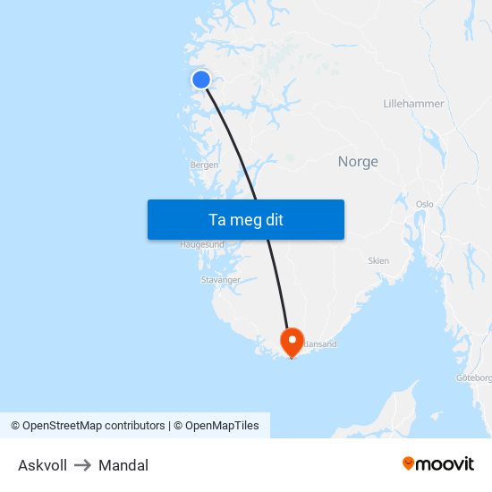 Askvoll to Mandal map