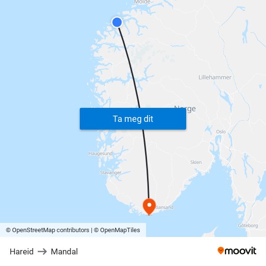 Hareid to Mandal map