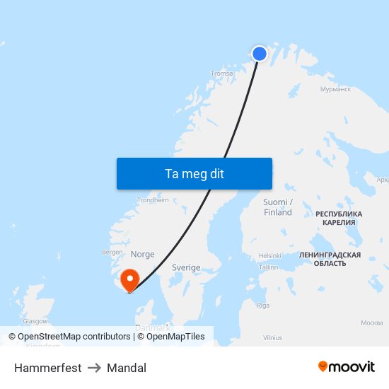 Hammerfest to Mandal map