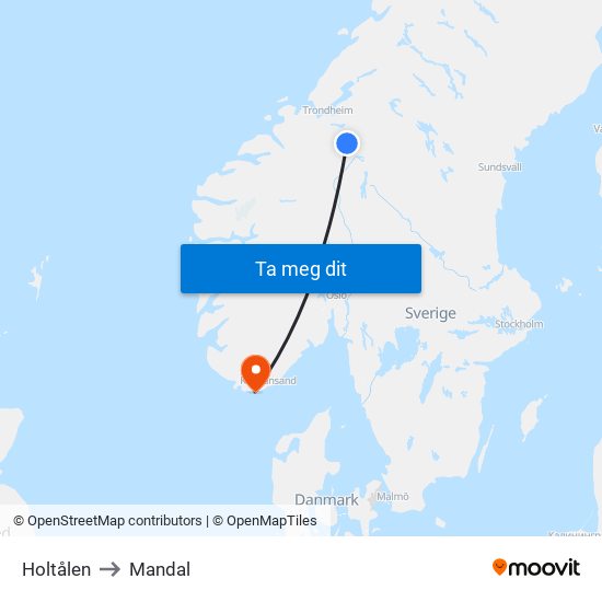 Holtålen to Mandal map