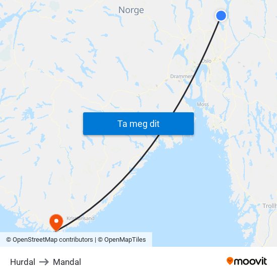 Hurdal to Mandal map