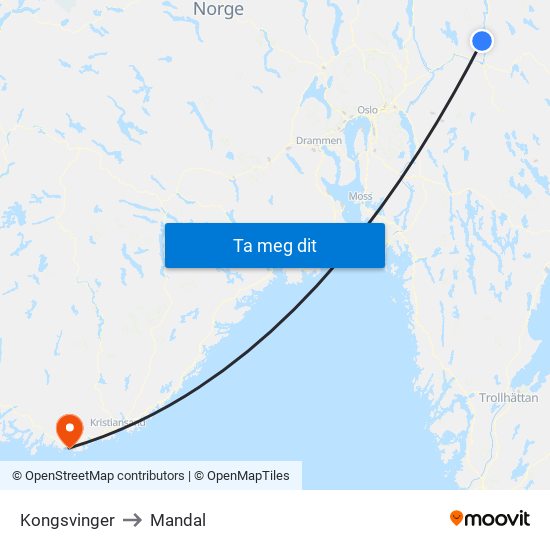 Kongsvinger to Mandal map