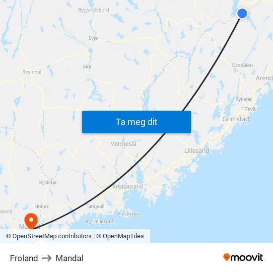 Froland to Mandal map