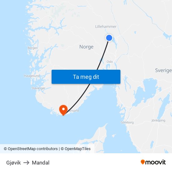 Gjøvik to Mandal map