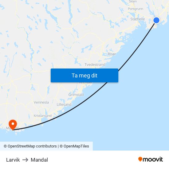 Larvik to Mandal map