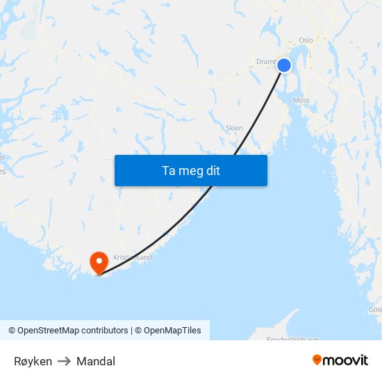 Røyken to Mandal map