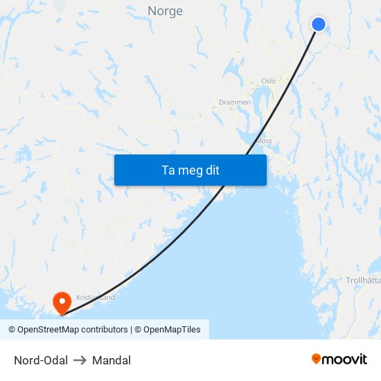 Nord-Odal to Mandal map