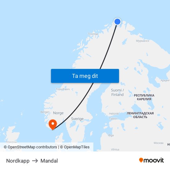 Nordkapp to Mandal map