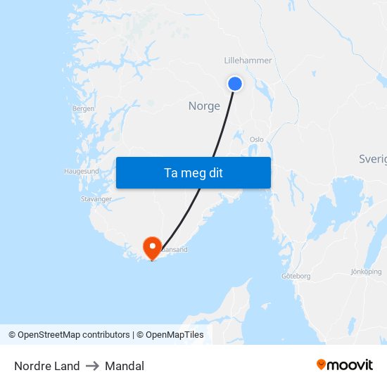 Nordre Land to Mandal map
