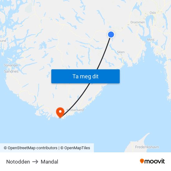 Notodden to Mandal map