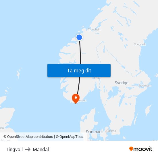 Tingvoll to Mandal map