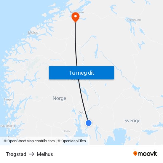 Trøgstad to Melhus map