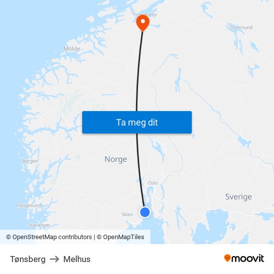 Tønsberg to Melhus map
