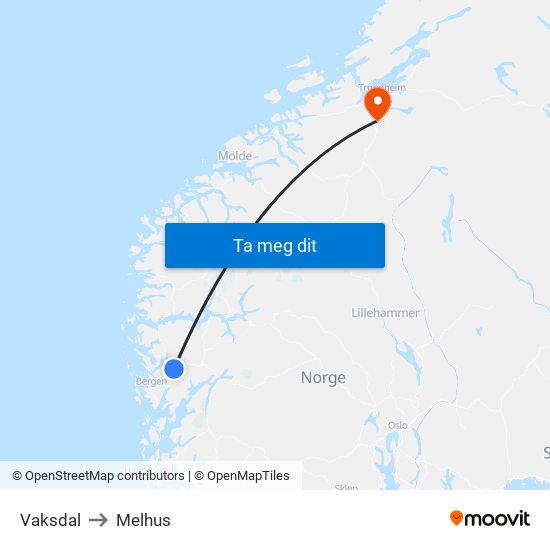 Vaksdal to Melhus map