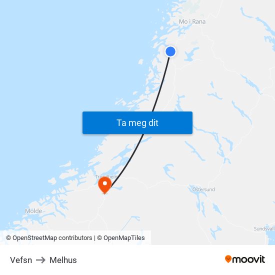 Vefsn to Melhus map