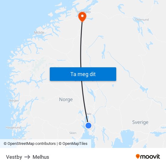 Vestby to Melhus map