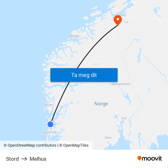 Stord to Melhus map