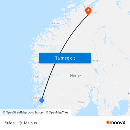 Suldal to Melhus map