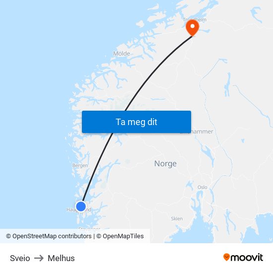 Sveio to Melhus map