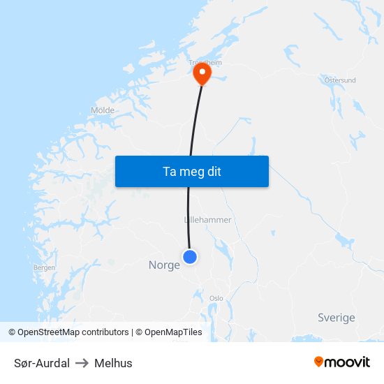 Sør-Aurdal to Melhus map