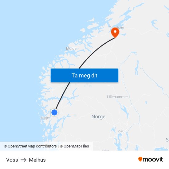Voss to Melhus map