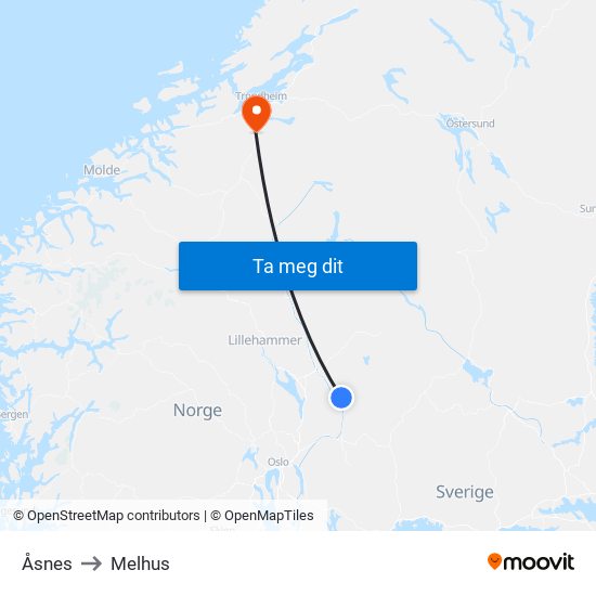 Åsnes to Melhus map