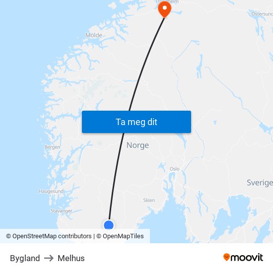 Bygland to Melhus map